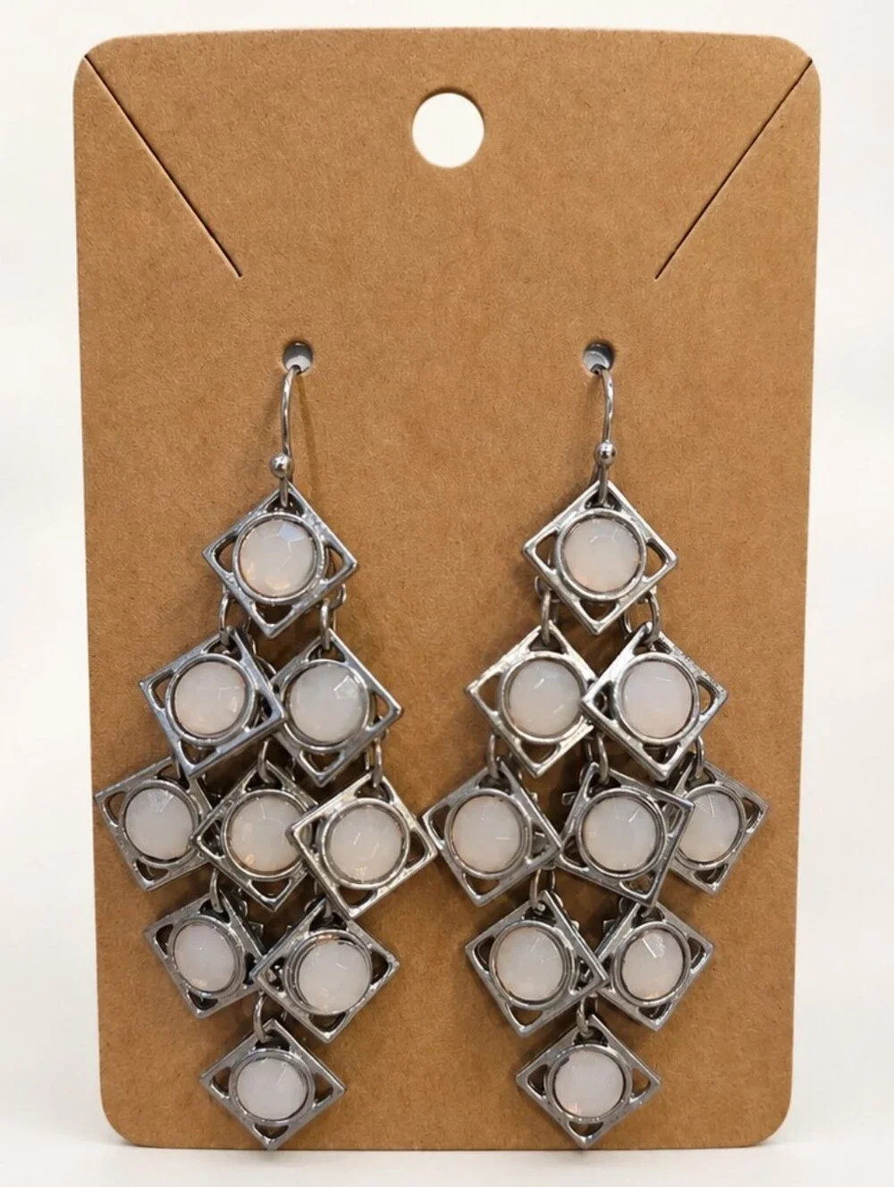 Silver Tone Geometric Chandelier Statement Earrings Blush Pink Stones